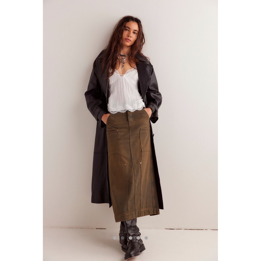 We The Free Harmonica Coated‎ Denim Maxi Skirt Brown Dye Sz 32 NWT
